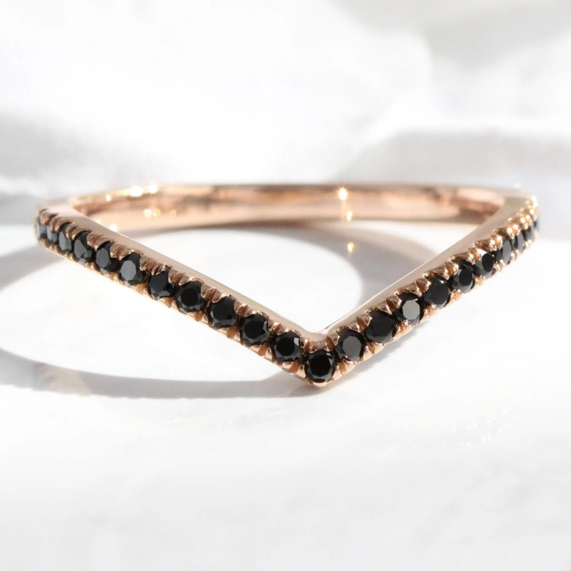 Chevron Black Diamond Ring in V Shaped Curved Wedding Band