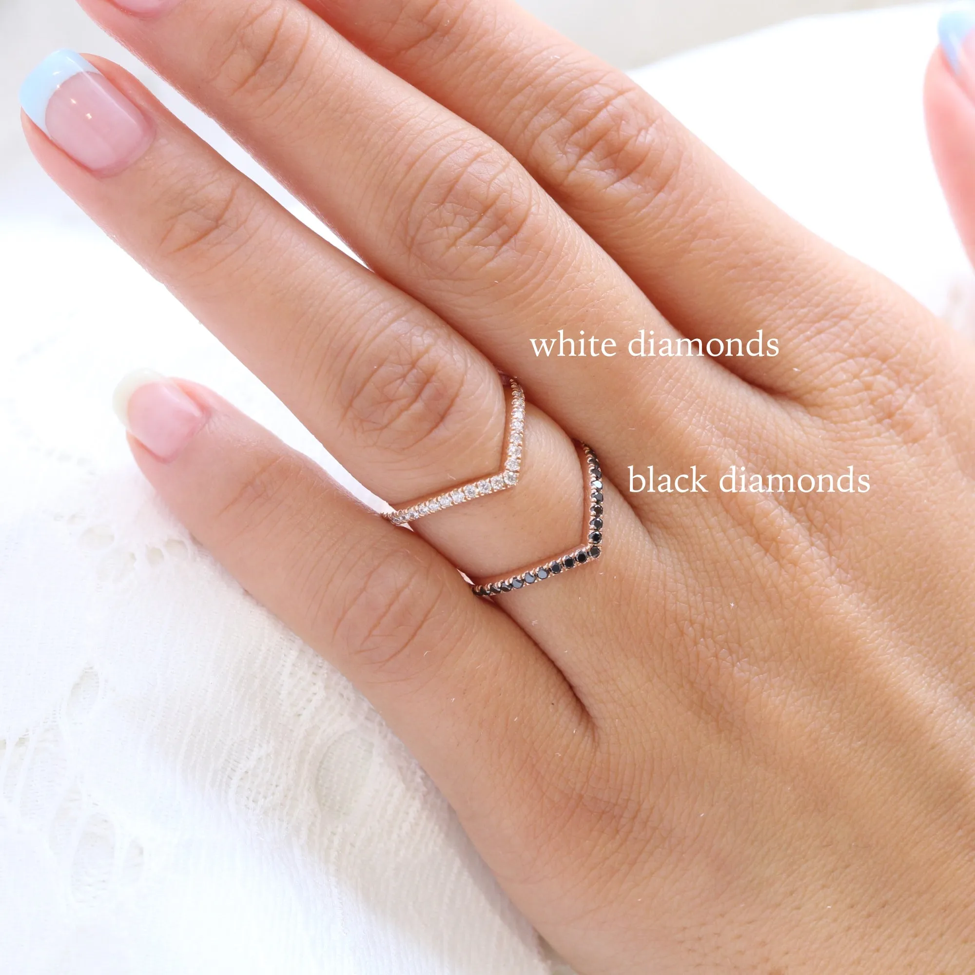 Chevron Black Diamond Ring in V Shaped Curved Wedding Band