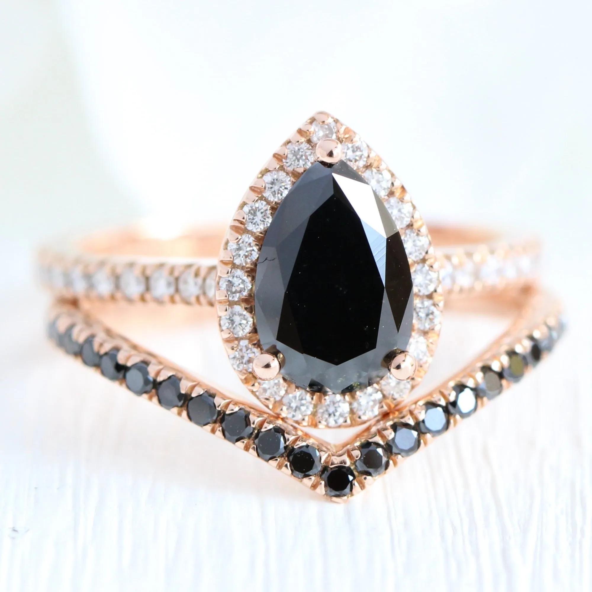 Chevron Black Diamond Ring in V Shaped Curved Wedding Band