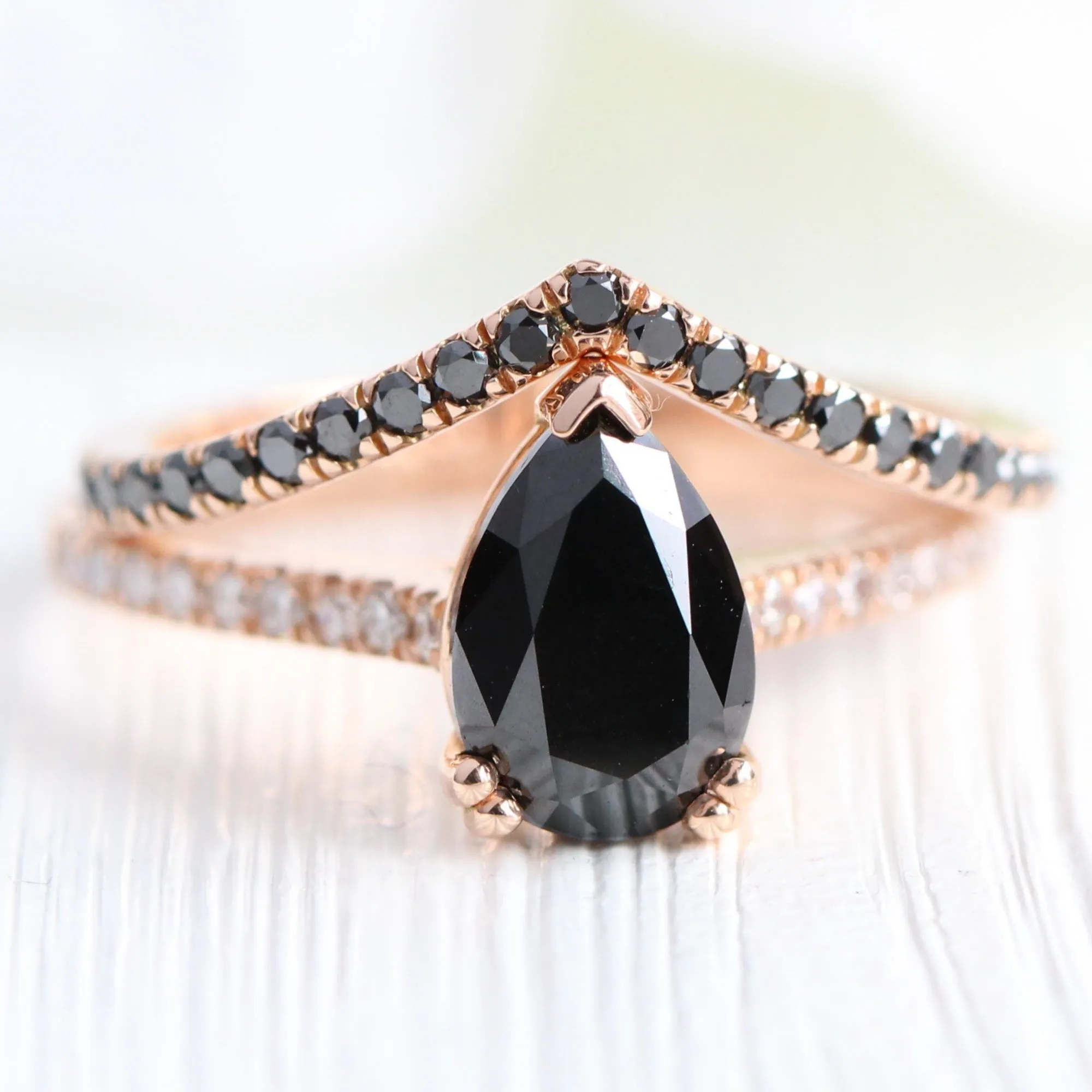 Chevron Black Diamond Ring in V Shaped Curved Wedding Band