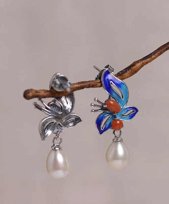 Chic Blue Sterling Silver Cloisonne Jade Pearl Butterfly Stud Earrings LY7752