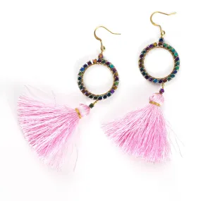 Circle Pink Tassels Brass Earrings