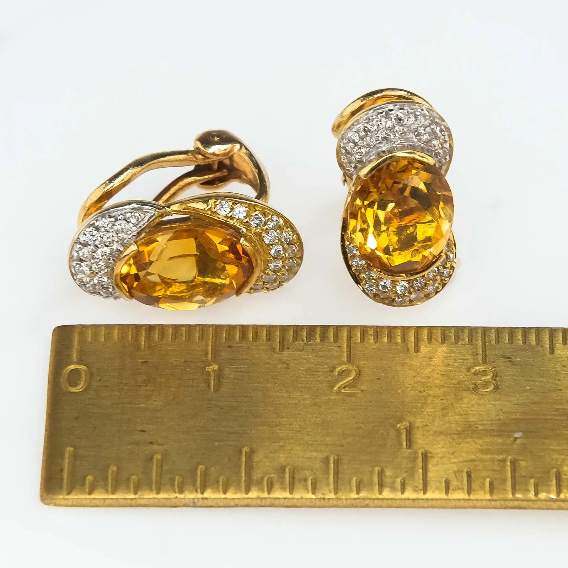 Citrine & Diamond Stud Omega Clip On Earrings in Two Tone Gold