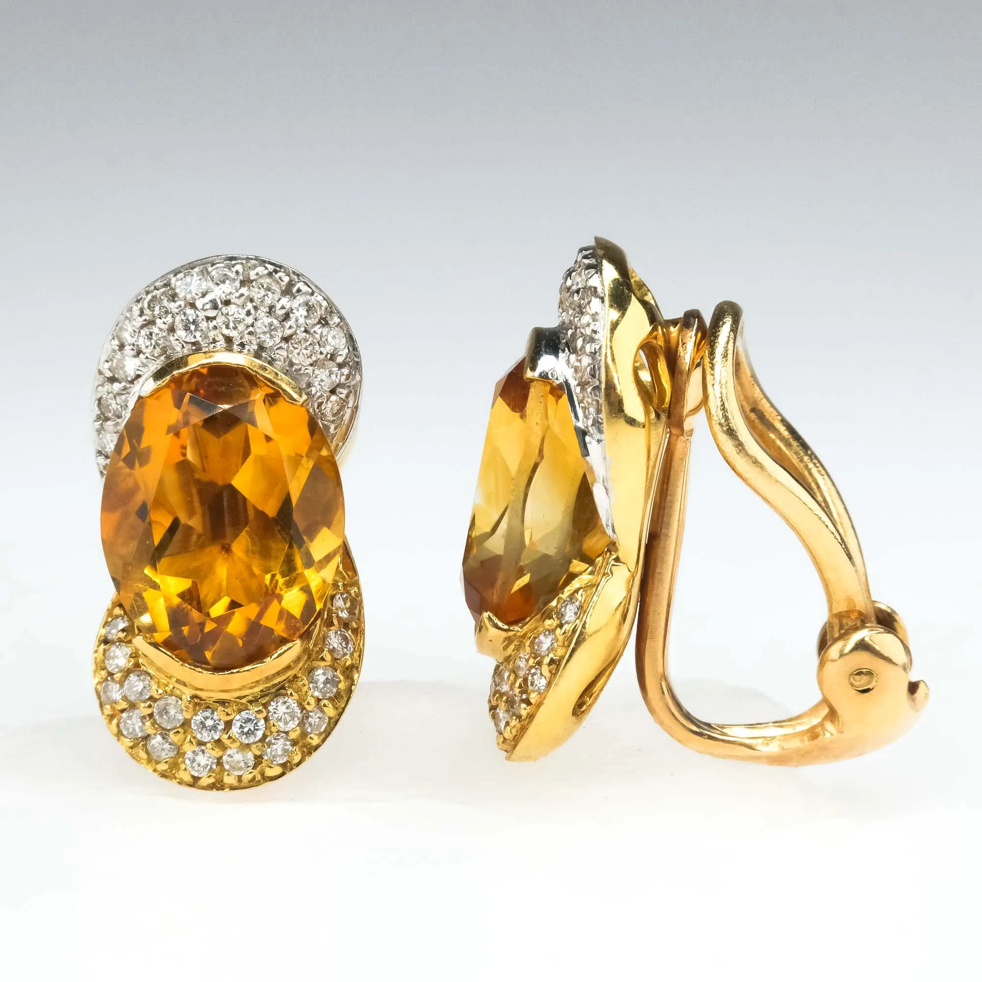 Citrine & Diamond Stud Omega Clip On Earrings in Two Tone Gold