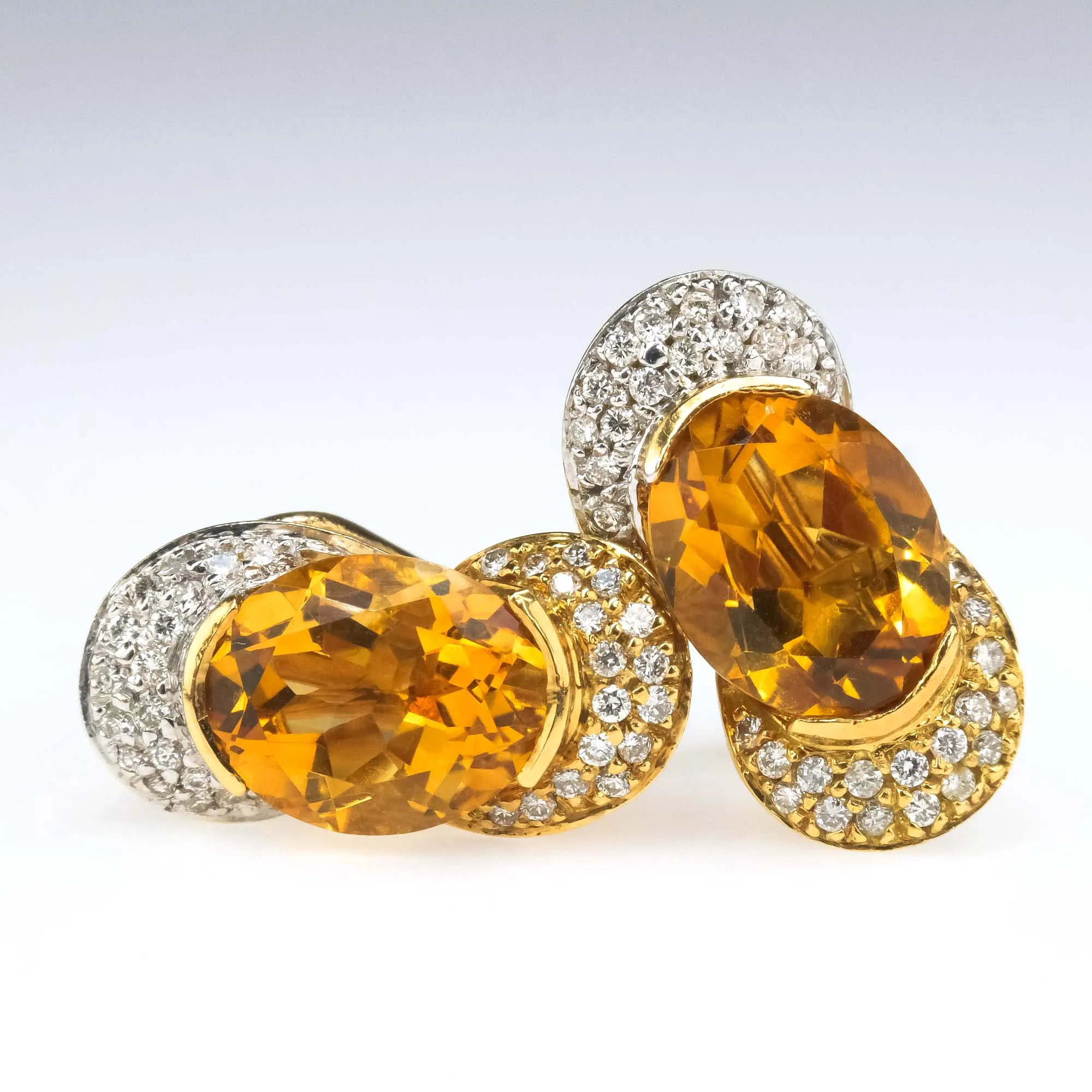 Citrine & Diamond Stud Omega Clip On Earrings in Two Tone Gold