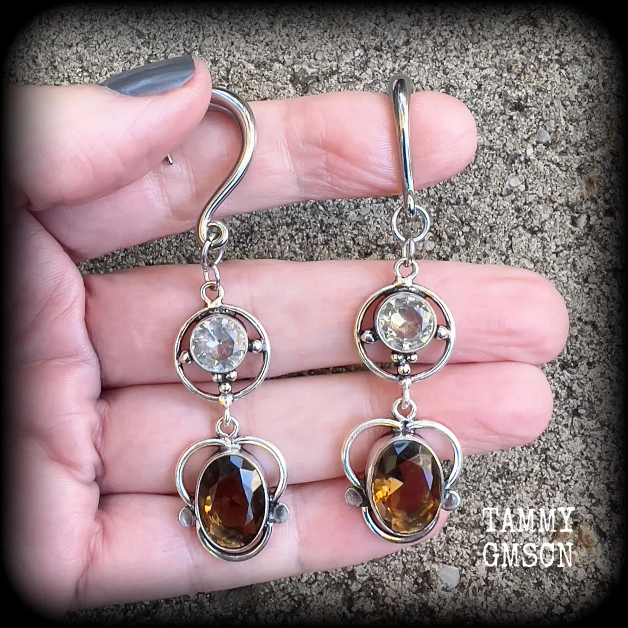 Citrine and Topaz gemstone gauged earrings