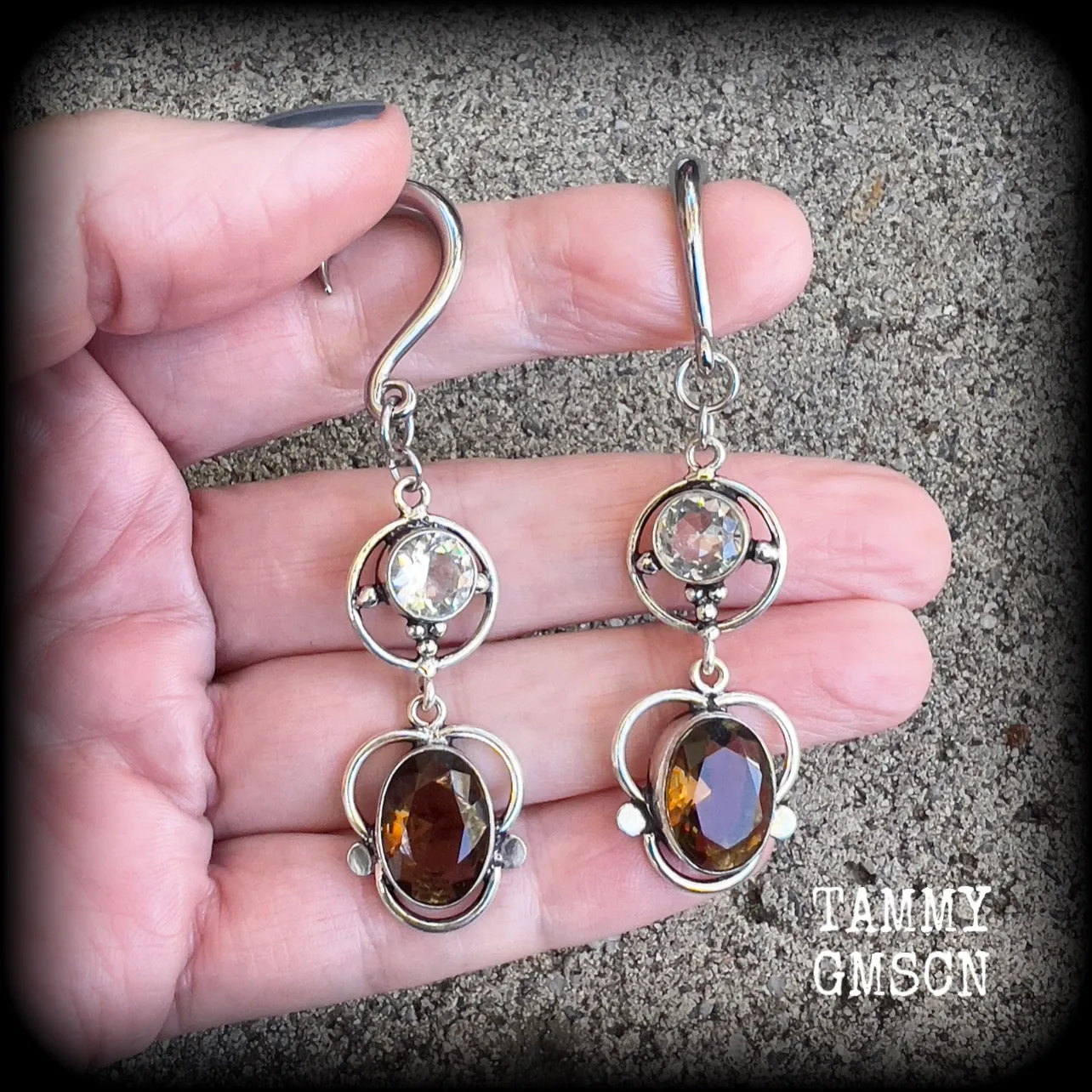 Citrine and Topaz gemstone gauged earrings