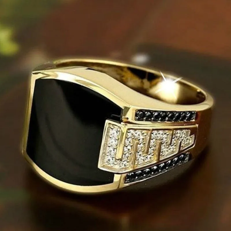 Classic Men's Ring Fashion 18k Gold Filling Inlaid Black Stone Zircon Punk Rings