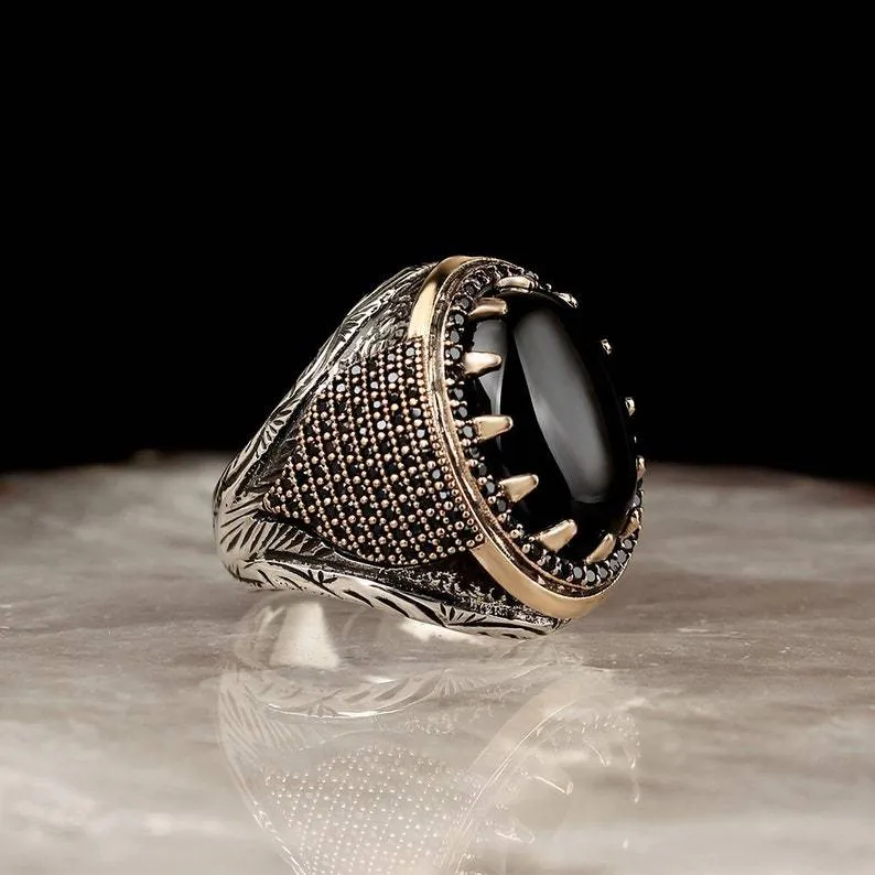 Classic Men's Ring Fashion 18k Gold Filling Inlaid Black Stone Zircon Punk Rings