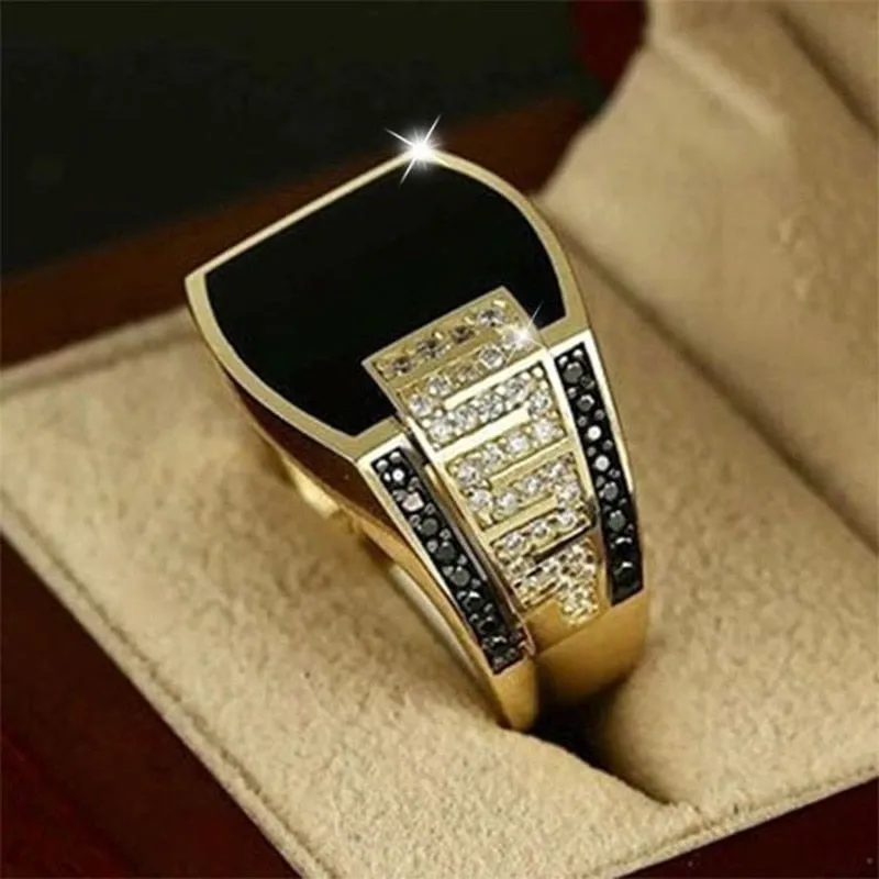 Classic Men's Ring Fashion 18k Gold Filling Inlaid Black Stone Zircon Punk Rings