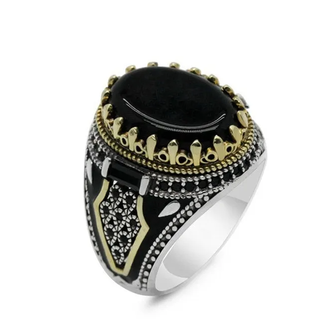 Classic Men's Ring Fashion 18k Gold Filling Inlaid Black Stone Zircon Punk Rings