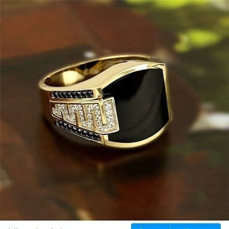 Classic Men's Ring Fashion 18k Gold Filling Inlaid Black Stone Zircon Punk Rings