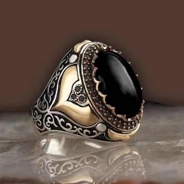 Classic Men's Ring Fashion 18k Gold Filling Inlaid Black Stone Zircon Punk Rings