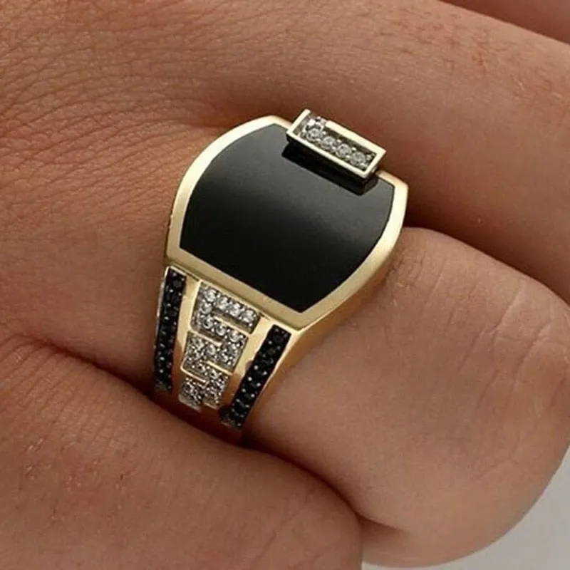 Classic Men's Ring Fashion 18k Gold Filling Inlaid Black Stone Zircon Punk Rings