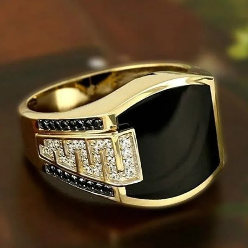 Classic Men's Ring Fashion 18k Gold Filling Inlaid Black Stone Zircon Punk Rings