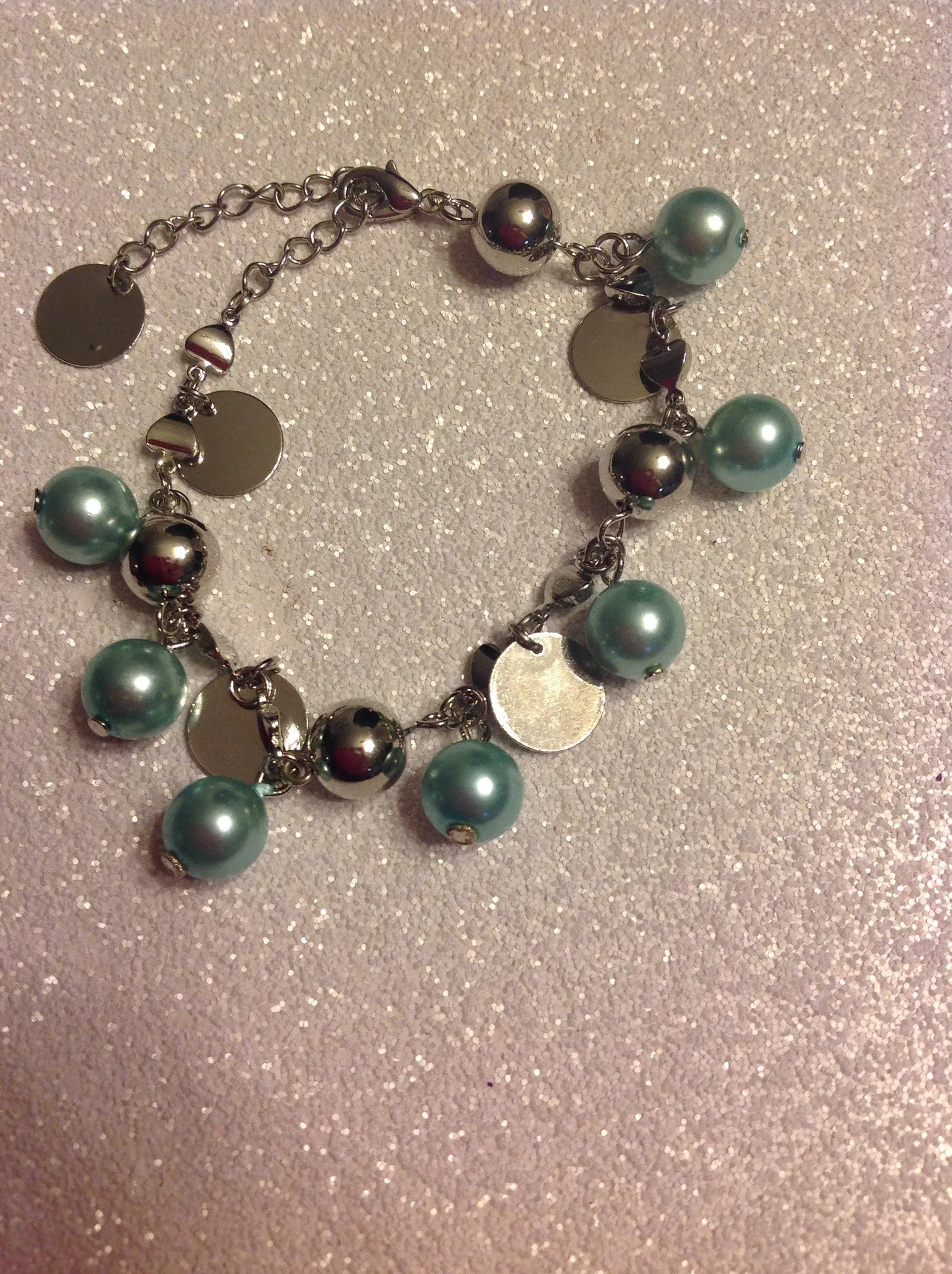 colored glass pearls and silver tone  beaded chain bracelet