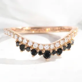 Crown Black and White Diamond Ring in Curved Contour Pave Band