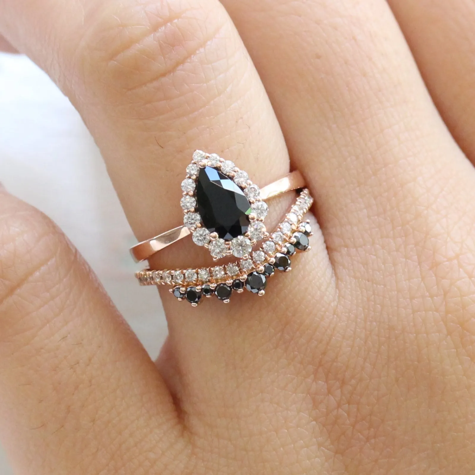 Crown Black and White Diamond Ring in Curved Contour Pave Band