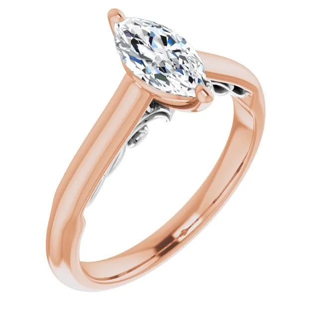 Cubic Zirconia Engagement Ring- The Adelaide (Customizable Marquise Cut Cathedral Solitaire with Two-Tone Option Decorative Trellis 'Down Under')