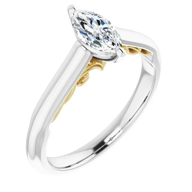 Cubic Zirconia Engagement Ring- The Adelaide (Customizable Marquise Cut Cathedral Solitaire with Two-Tone Option Decorative Trellis 'Down Under')