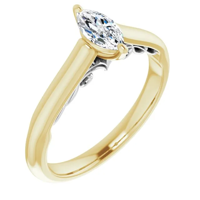 Cubic Zirconia Engagement Ring- The Adelaide (Customizable Marquise Cut Cathedral Solitaire with Two-Tone Option Decorative Trellis 'Down Under')