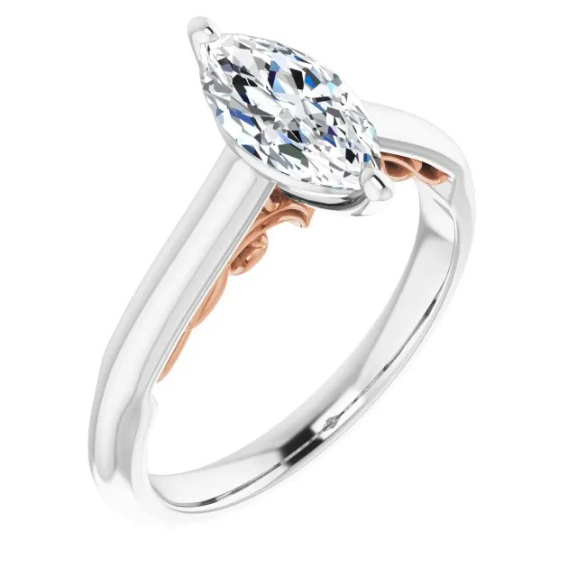 Cubic Zirconia Engagement Ring- The Adelaide (Customizable Marquise Cut Cathedral Solitaire with Two-Tone Option Decorative Trellis 'Down Under')