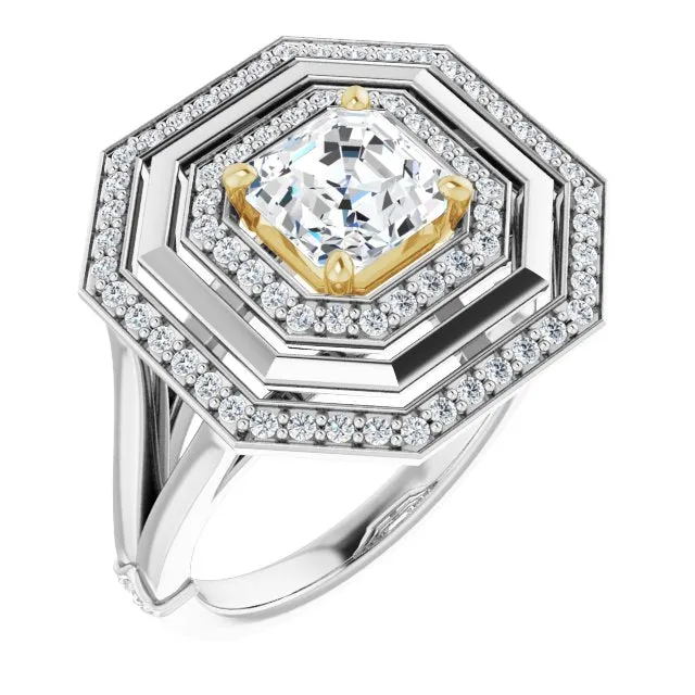 Cubic Zirconia Engagement Ring- The Allie (Customizable Asscher Cut Oversized 2x Halo Style with Knuckle Accented Split Band)