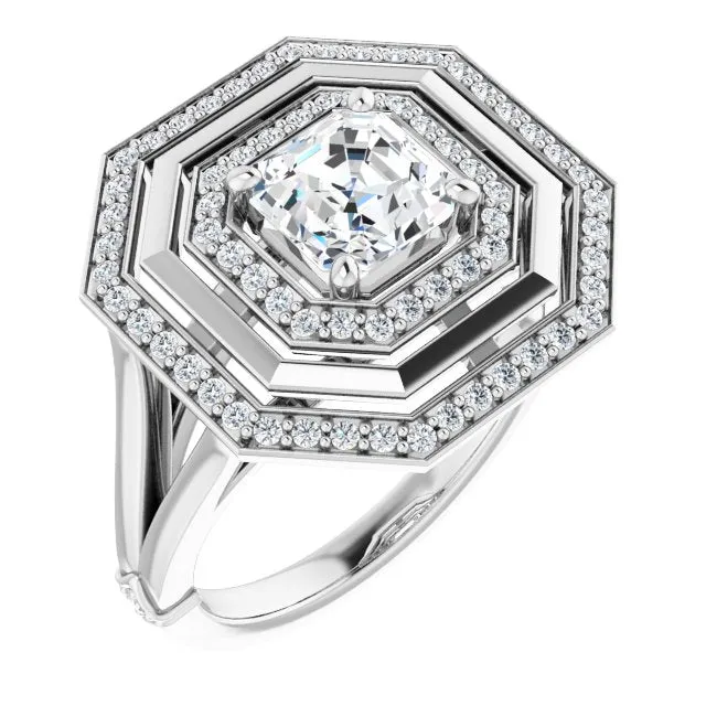 Cubic Zirconia Engagement Ring- The Allie (Customizable Asscher Cut Oversized 2x Halo Style with Knuckle Accented Split Band)