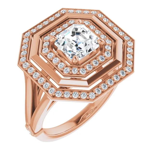 Cubic Zirconia Engagement Ring- The Allie (Customizable Asscher Cut Oversized 2x Halo Style with Knuckle Accented Split Band)