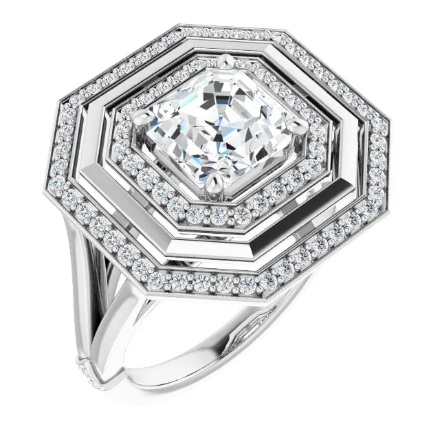 Cubic Zirconia Engagement Ring- The Allie (Customizable Asscher Cut Oversized 2x Halo Style with Knuckle Accented Split Band)