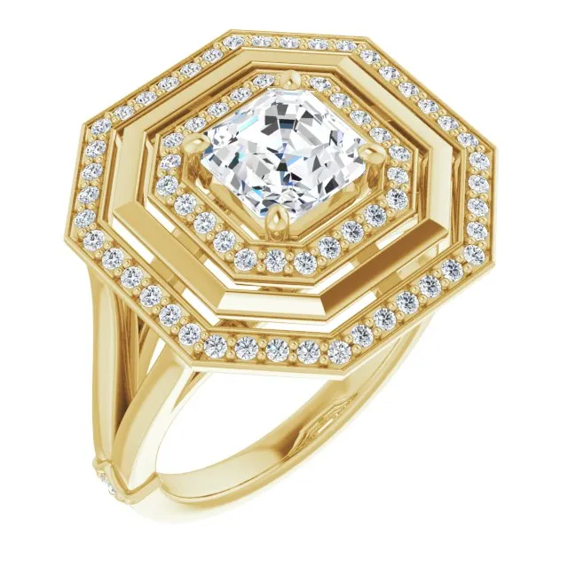 Cubic Zirconia Engagement Ring- The Allie (Customizable Asscher Cut Oversized 2x Halo Style with Knuckle Accented Split Band)