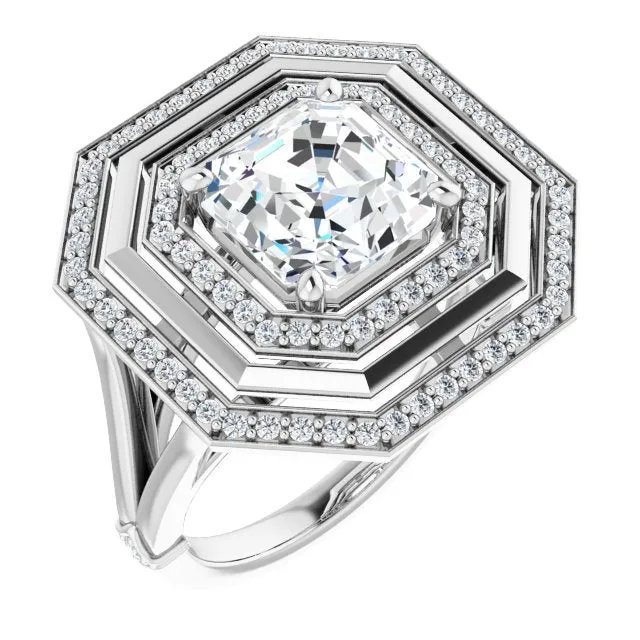 Cubic Zirconia Engagement Ring- The Allie (Customizable Asscher Cut Oversized 2x Halo Style with Knuckle Accented Split Band)