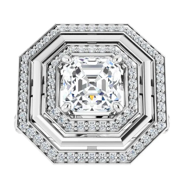 Cubic Zirconia Engagement Ring- The Allie (Customizable Asscher Cut Oversized 2x Halo Style with Knuckle Accented Split Band)