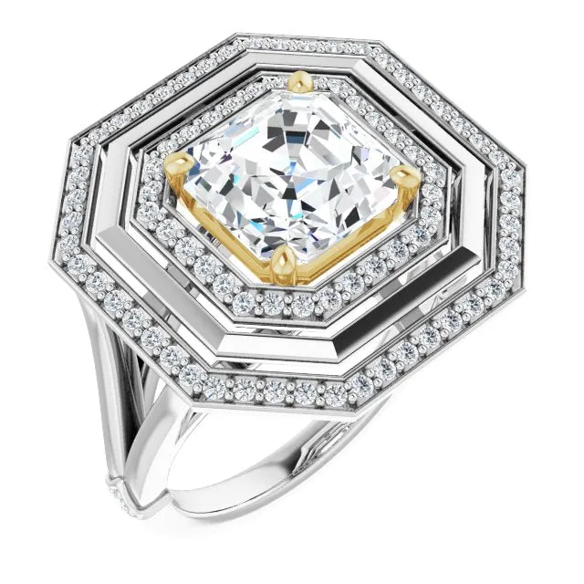 Cubic Zirconia Engagement Ring- The Allie (Customizable Asscher Cut Oversized 2x Halo Style with Knuckle Accented Split Band)