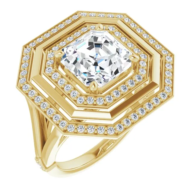 Cubic Zirconia Engagement Ring- The Allie (Customizable Asscher Cut Oversized 2x Halo Style with Knuckle Accented Split Band)