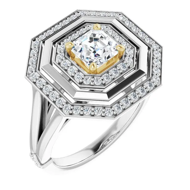 Cubic Zirconia Engagement Ring- The Allie (Customizable Asscher Cut Oversized 2x Halo Style with Knuckle Accented Split Band)