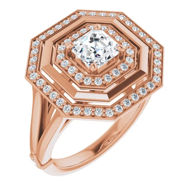 Cubic Zirconia Engagement Ring- The Allie (Customizable Asscher Cut Oversized 2x Halo Style with Knuckle Accented Split Band)