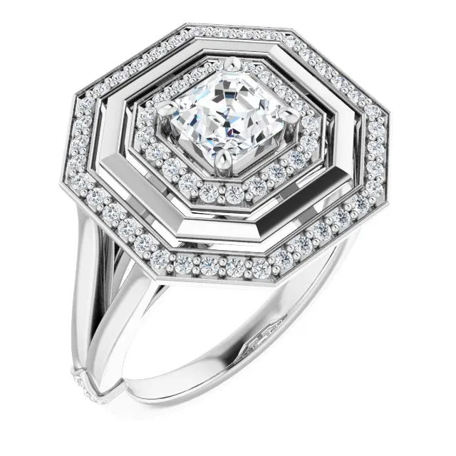 Cubic Zirconia Engagement Ring- The Allie (Customizable Asscher Cut Oversized 2x Halo Style with Knuckle Accented Split Band)