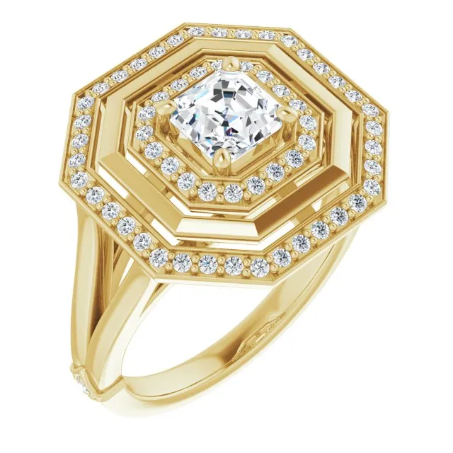 Cubic Zirconia Engagement Ring- The Allie (Customizable Asscher Cut Oversized 2x Halo Style with Knuckle Accented Split Band)