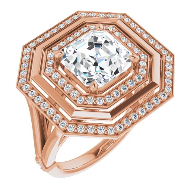 Cubic Zirconia Engagement Ring- The Allie (Customizable Asscher Cut Oversized 2x Halo Style with Knuckle Accented Split Band)