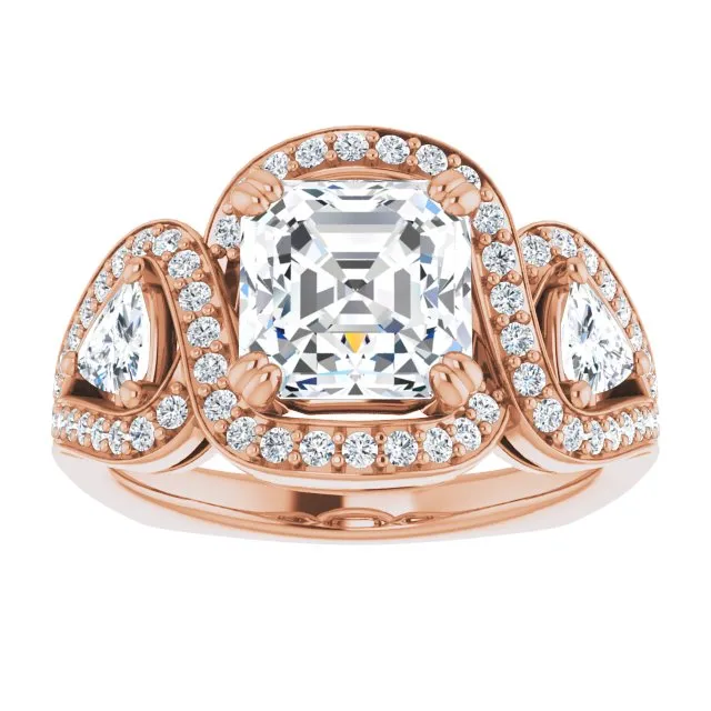 Cubic Zirconia Engagement Ring- The Ana Miranda (Customizable Asscher Cut Center with Twin Trillion Accents, Twisting Shared Prong Split Band, and Halo)