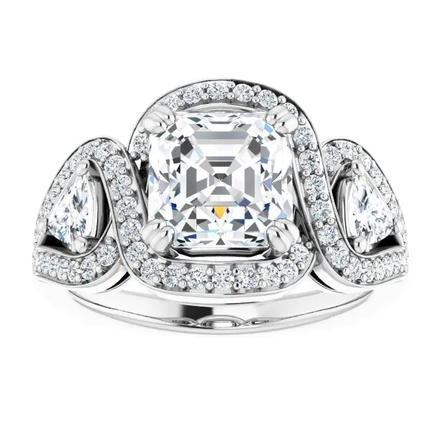 Cubic Zirconia Engagement Ring- The Ana Miranda (Customizable Asscher Cut Center with Twin Trillion Accents, Twisting Shared Prong Split Band, and Halo)