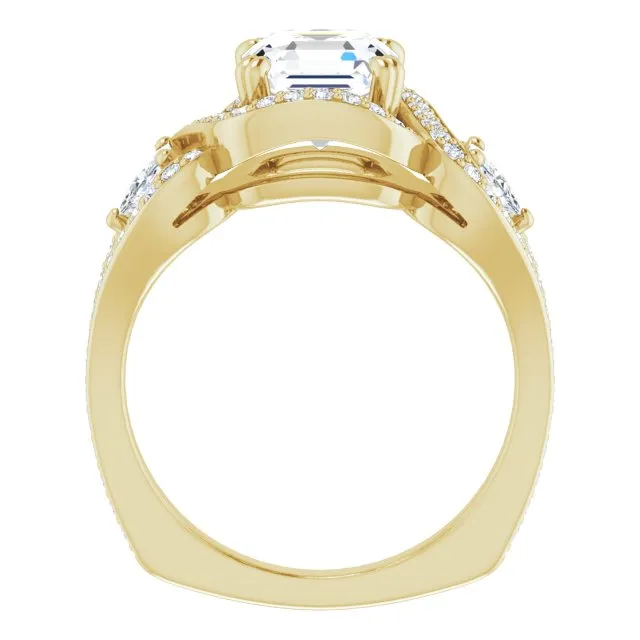 Cubic Zirconia Engagement Ring- The Ana Miranda (Customizable Asscher Cut Center with Twin Trillion Accents, Twisting Shared Prong Split Band, and Halo)