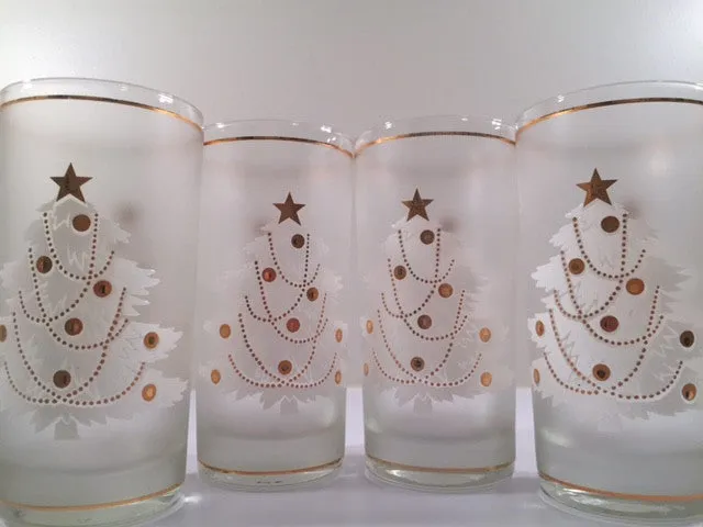 Culver- Signed White Christmas Tree & 22-Karat Gold Mid-Century Glasses with Original Box (Set of 4)