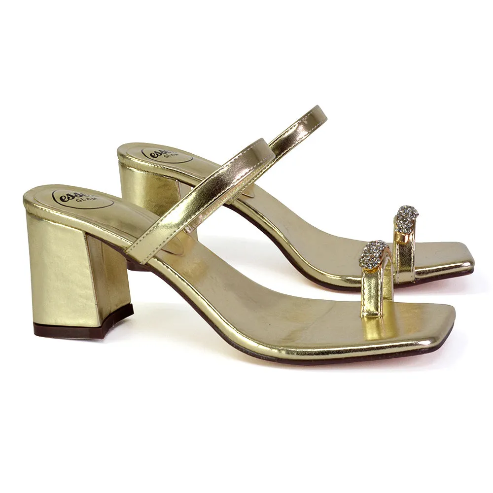 Daiquiri Double Strap Square Toe Ring Block Heel Sandals in Gold