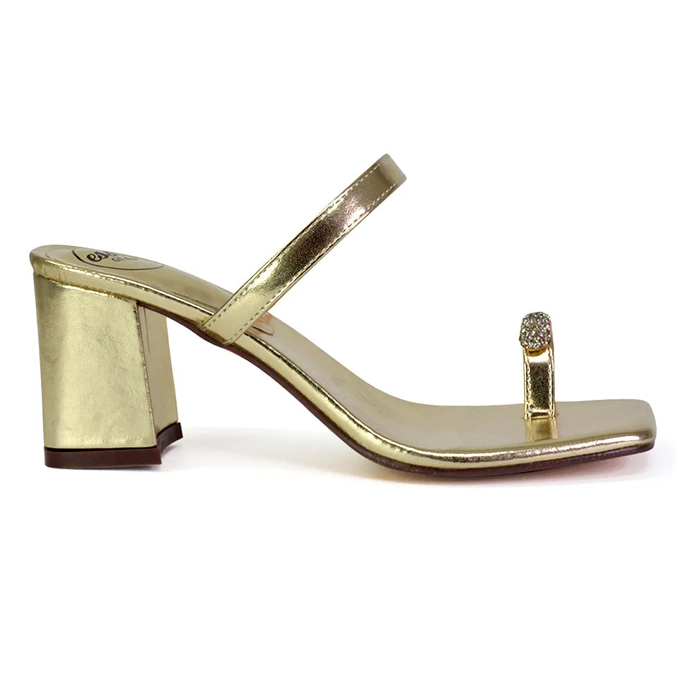 Daiquiri Double Strap Square Toe Ring Block Heel Sandals in Gold