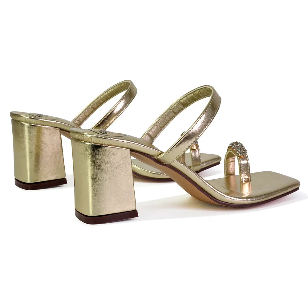 Daiquiri Double Strap Square Toe Ring Block Heel Sandals in Gold