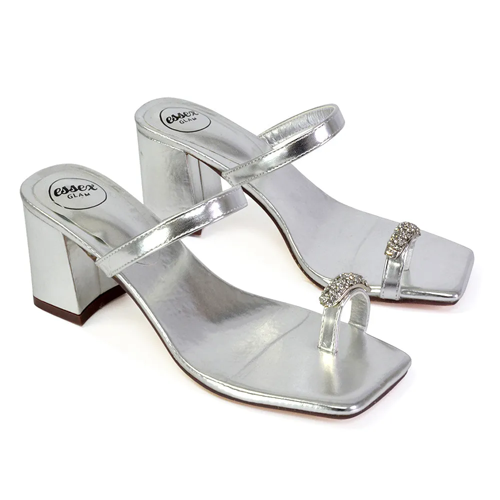 Daiquiri Double Strap Square Toe Ring Block Heel Sandals in Gold