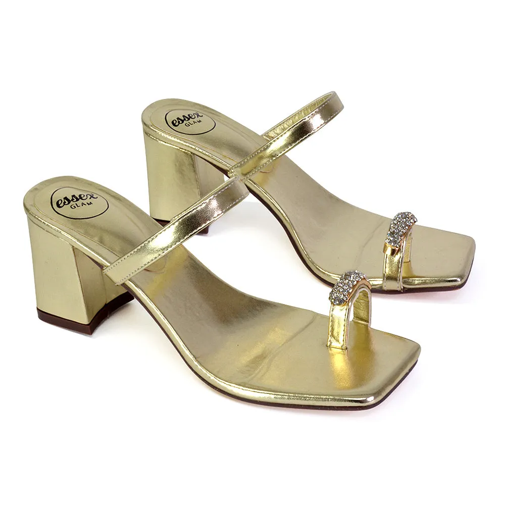 Daiquiri Double Strap Square Toe Ring Block Heel Sandals in Gold