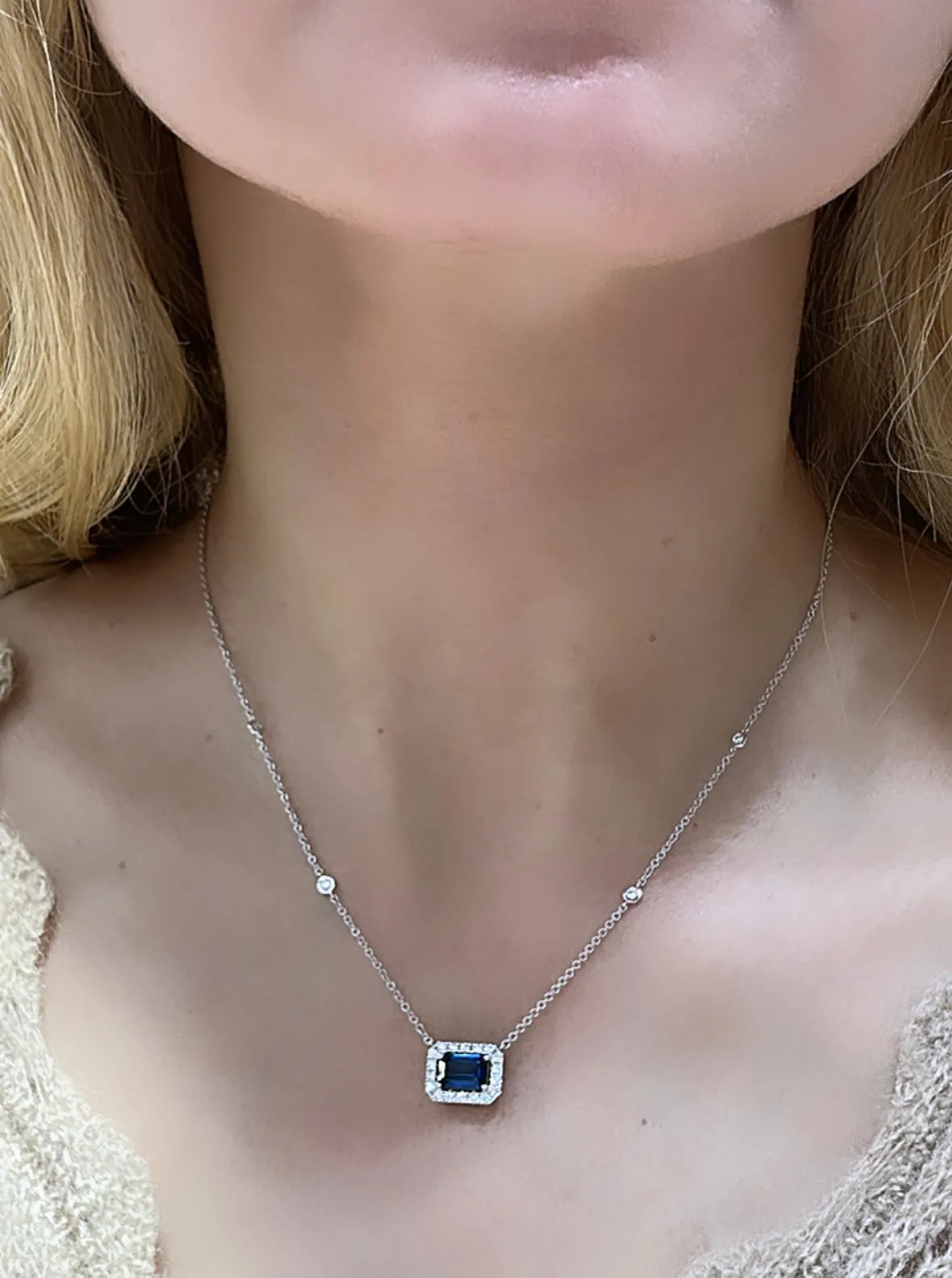 Diamond & Emerald Cut Sapphire Pendant 1.70ct tw Necklace